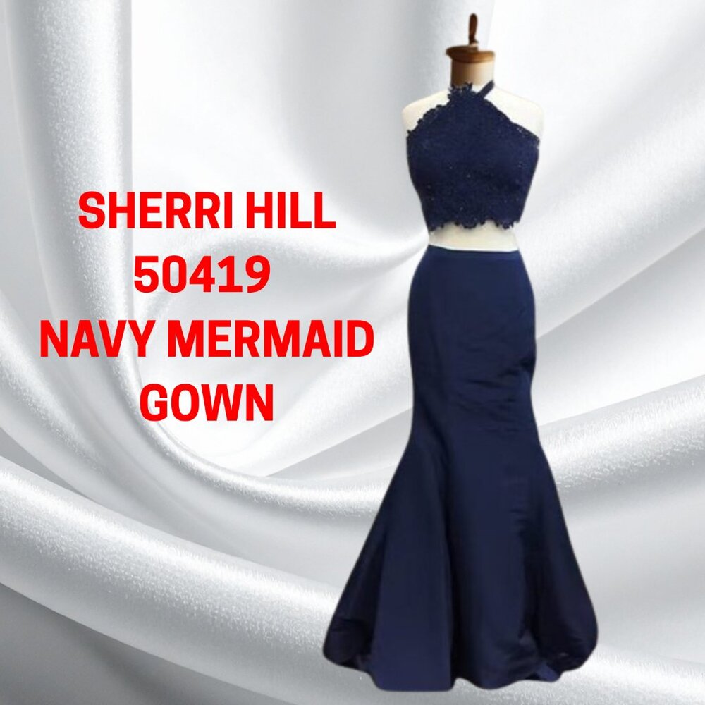 Sherri Hill 50419 Navy Blue Two Piece Mermaid Gown Sz 4 Prom Pageant Formal